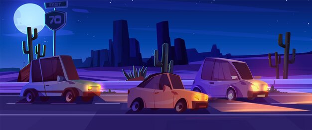 Paisaje de carretera del desierto nocturno con fondo vectorial de automóviles y cactus Escena de ruta occidental en el cañón a viaje por carretera con faros en la carretera de asfalto vista lateral Ilustración de la naturaleza de la roca de la sequía