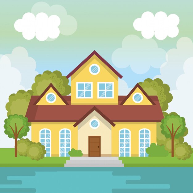 Paisaje con casa y lago escena.