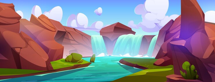 Vector gratuito paisaje de cascadas agua y fondo del cañón