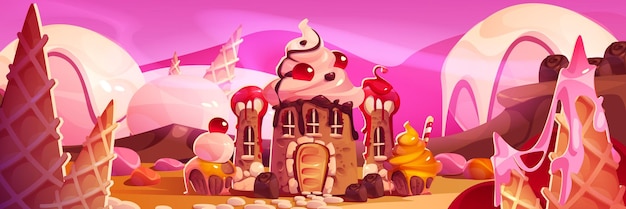 Paisaje de castillo de tierra de caramelos de fantasía en el vector del juego