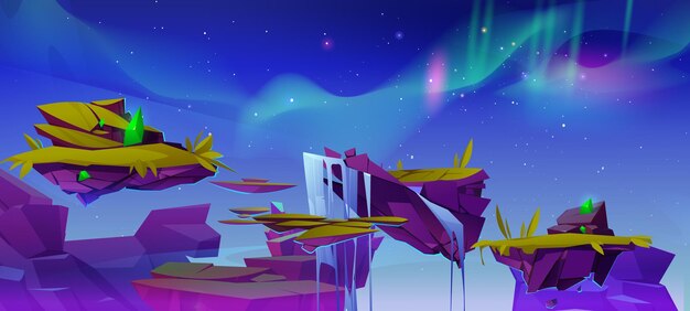 Paisaje de cielo de aurora vectorial con paisaje de juego de dibujos animados de isla flotante Luz boreal mágica en la noche para la escena de cuento de hadas de aventura del norte con plataforma de roca voladora Escena polar de gradiente azul verde
