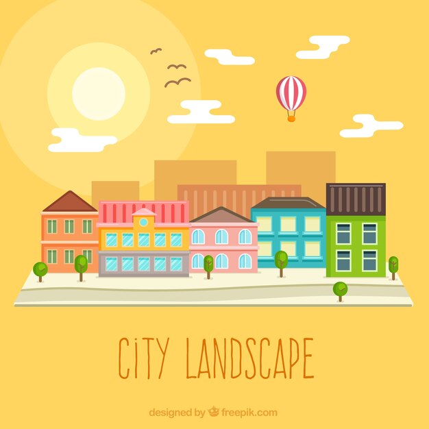Paisaje de la ciudad al atardecer en diseño plano