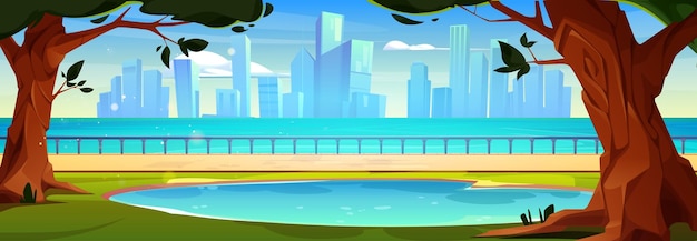 Vector gratuito paisaje de la ciudad de dibujos animados con río y parque de la ciudad