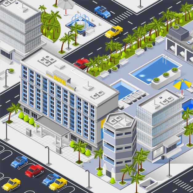 Paisaje de la ciudad con hoteles, piscinas y aparcamiento.