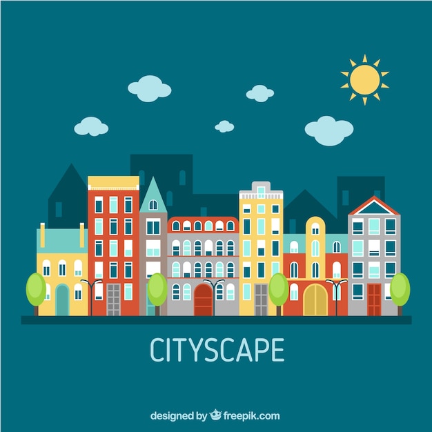 Paisaje de ciudad plano en un día soleado