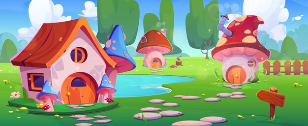 Paisaje de cuento de hadas con casas de hongos