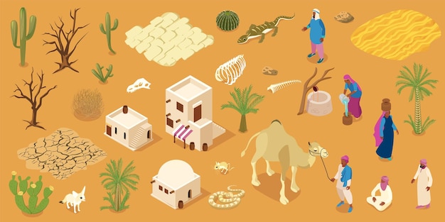 Paisaje desértico árabe con casas tradicionales de ladrillos de barro gente flora y fauna ilustración de vector de fondo horizontal isométrica