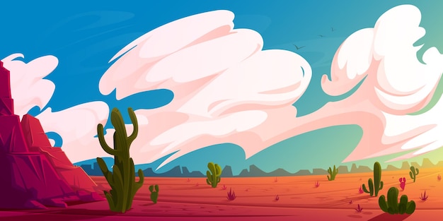 Vector gratuito paisaje desértico con cactus de montaña y tierra seca roja al amanecer ilustración de dibujos animados vectoriales del desierto americano o mexicano caliente con plantas de rocas saguaro y nubes en el cielo