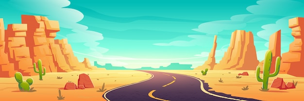 Paisaje desértico con camino, rocas y cactus