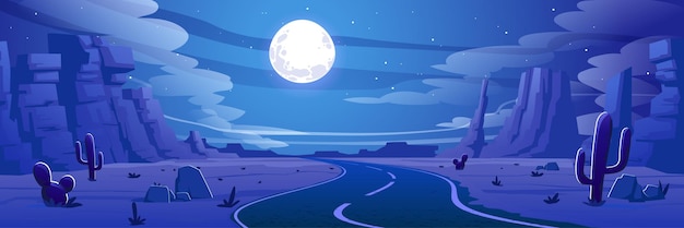 Vector gratuito paisaje desértico con carretera por la noche.