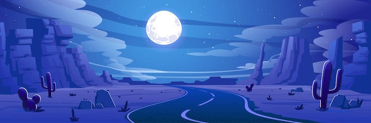 Vector gratuito paisaje desértico con carretera por la noche