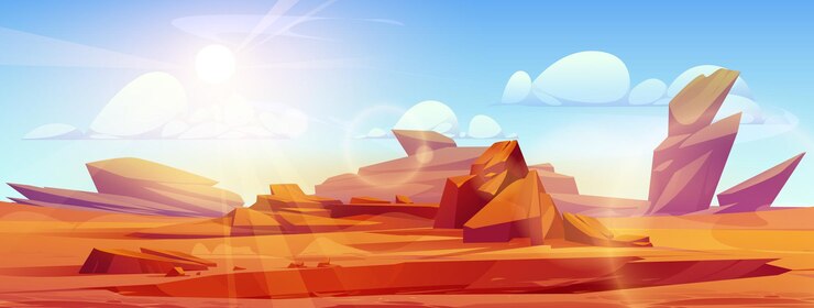 Vector gratuito paisaje desértico deshabitado bajo un sol abrasador en el cielo azul ilustración de dibujos animados vectoriales de acantilados de cañón rocoso y arena acantilado de roca roja caliente territorio de planeta alienígena vacío con piedras fondo de juego