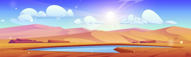 Paisaje desértico con fondo de vector de agua de lago Agujero de estanque de oasis vacío en sequía Escena de panorama de África Sahara Paisaje de juego de colinas de naturaleza de arena egipcia con pozo de agua y rayo de sol en cielo azul