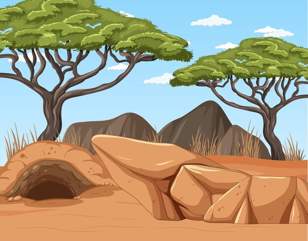 Paisaje desértico con madriguera de árboles y animales.