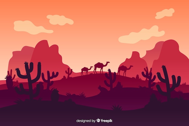 Vector gratuito paisaje desértico con montañas y camellos