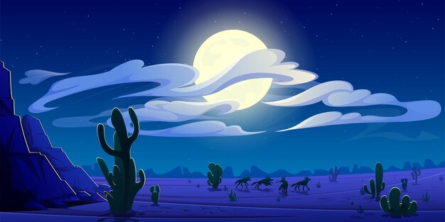 Paisaje desértico de la noche de Arizona, fondo natural del salvaje oeste con siluetas de paquete de coyotes corriendo a través de cactus y rocas bajo un cielo nublado con luna llena brillando, escena de juego Ilustración de vector de dibujos animados