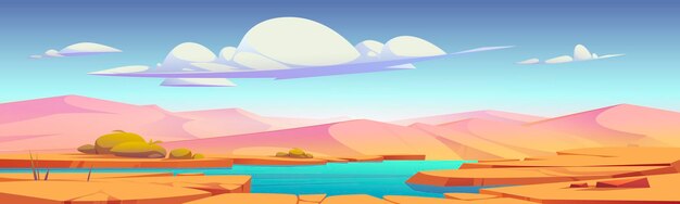 Paisaje desértico con oasis y dunas de arena.