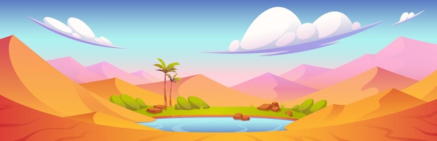 Vector gratuito paisaje desértico con oasis con lago de palmeras.