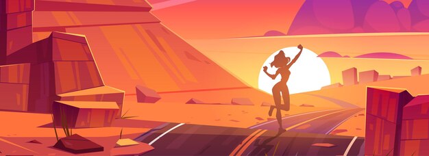 Paisaje desértico con rocas rojas, carretera y silueta de niña sobre fondo de sol vespertino. Ilustración de dibujos animados de vector de mujer feliz en la carretera en el desierto caliente al atardecer