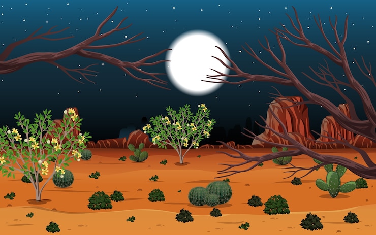Vector gratuito paisaje desértico salvaje en la escena nocturna.