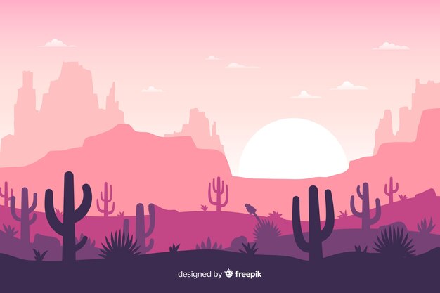 Paisaje desértico con sol y cielo rosado