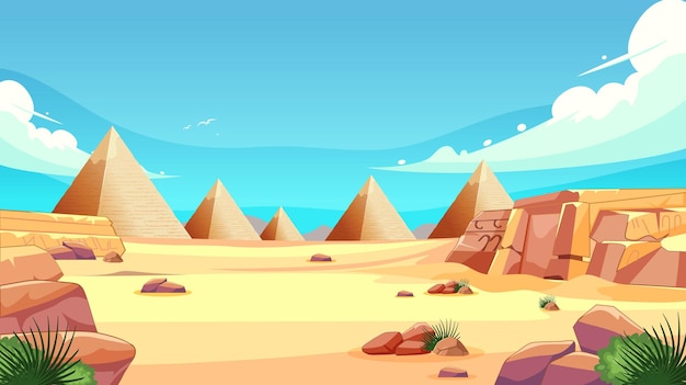 Vector gratuito paisaje desértico soleado con pirámides