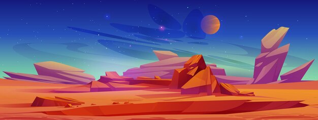 Paisaje desértico de la superficie de Marte por la noche