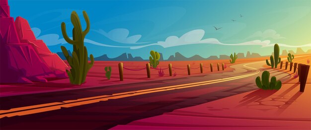 Paisaje del desierto de Arizona con carretera asfaltada, rocas y cactus. Carretera del salvaje oeste en el cañón americano, tierra desierta de arena caliente con montañas naranjas. Fondo occidental de verano, ilustración vectorial de dibujos animados