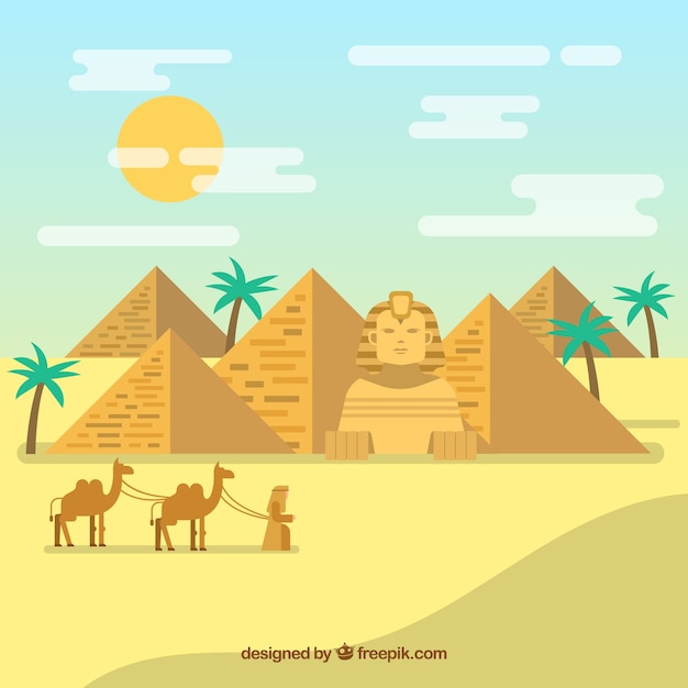 Vector gratuito paisaje de desierto egipto con pirámides y caravana