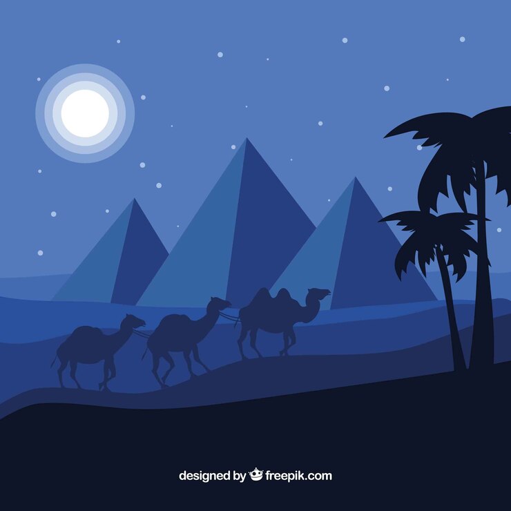 Vector gratuito paisaje de desierto de noche en egipto con pirámides y caravana