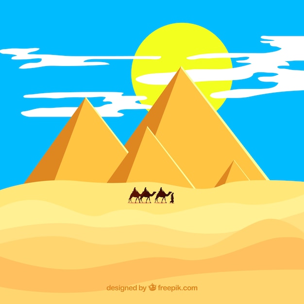 Paisaje de desierto con pirámides y caravana