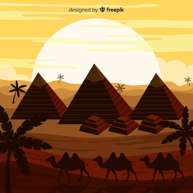 Paisaje de desierto con pirámides y caravana
