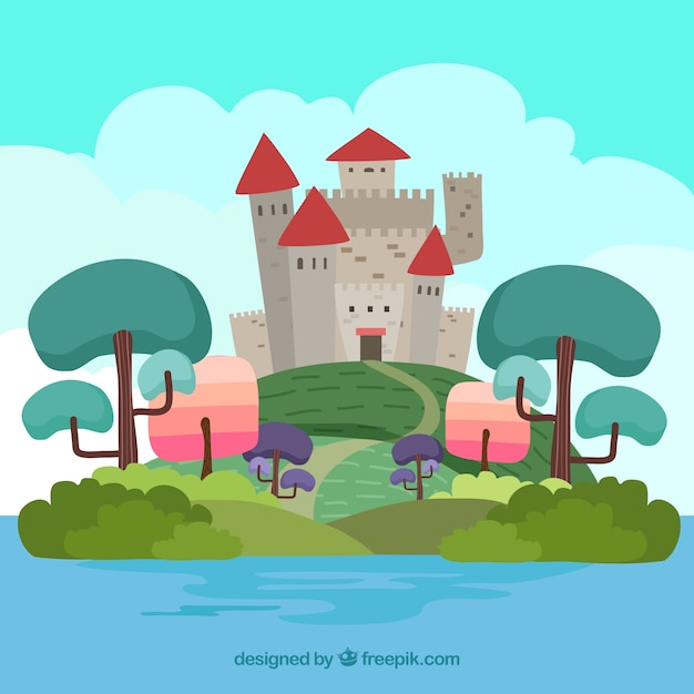 Paisaje dibujado a mano con castillos y árboles de colores