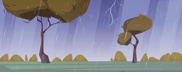 Paisaje de dibujos animados de lluvia de verano, tormenta, relámpagos