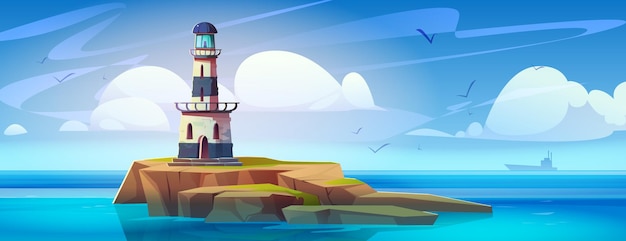 Paisaje de dibujos animados de mar o océano con faro