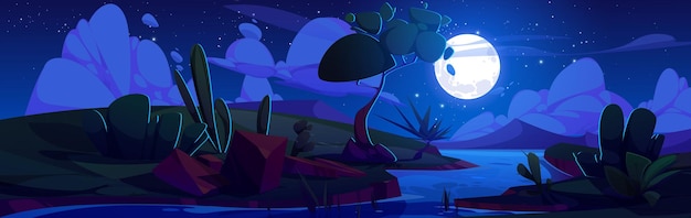 Vector gratuito paisaje de dibujos animados con río sinuoso en la noche escena vectorial con árboles arbustos y cactus a orillas del río y cielo estrellado nublado con luna tonta escena panorámica de verano con arroyo de agua en el crepúsculo