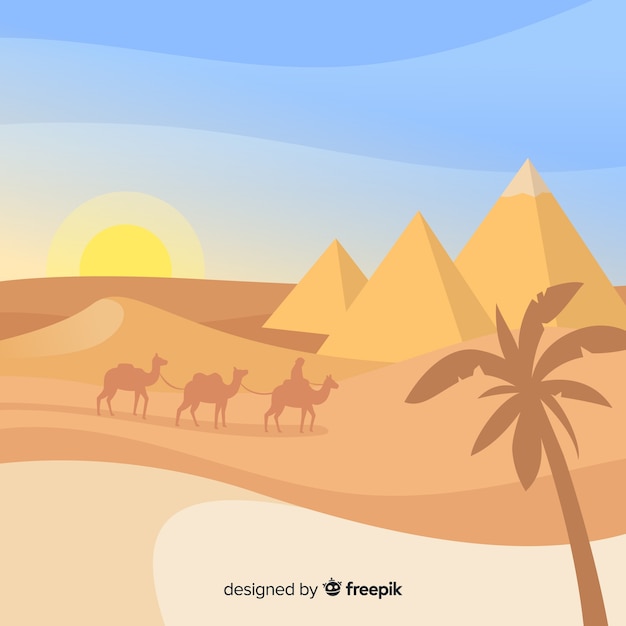 Paisaje de egipto con caravana de camellos de diseño plano