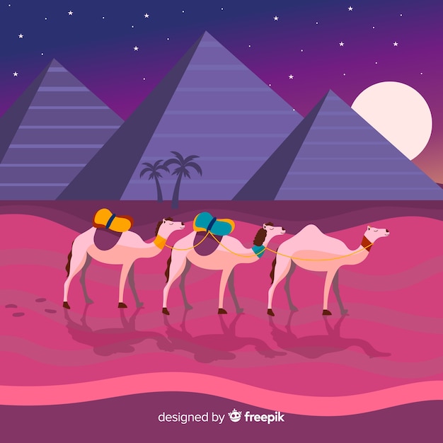 Paisaje de egipto con caravana de camellos de diseño plano