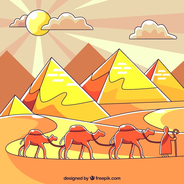 Vector gratuito paisaje de egipto con caravana y pirámides