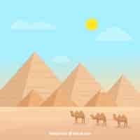 Vector gratuito paisaje de egipto con pirámides y caravana