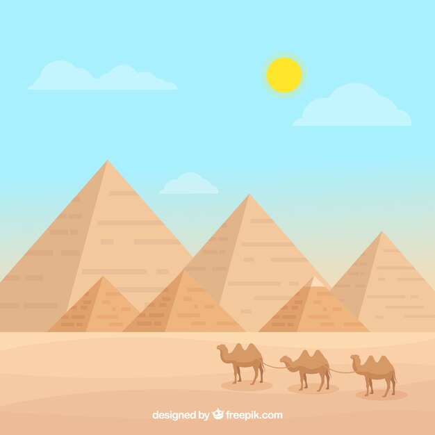 Paisaje de egipto con pirámides y caravana