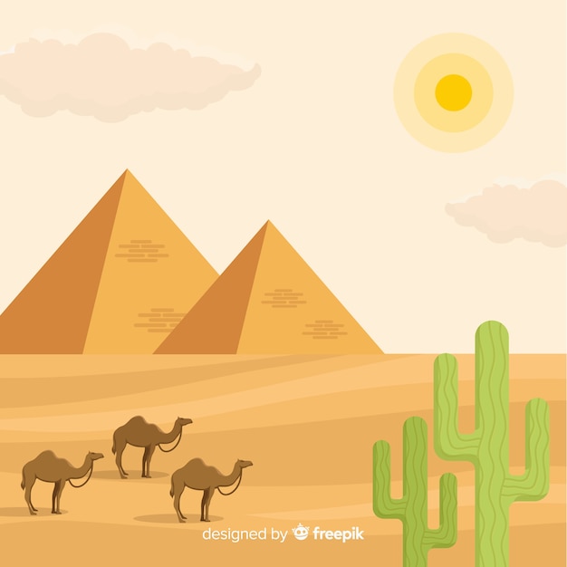 Paisaje de egipto con pirámides y caravana