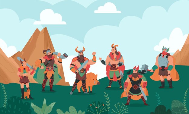 Paisaje escandinavo con dioses nórdicos personajes de dibujos animados armados con espadas fondo de color ilustración vectorial plana
