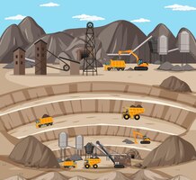 Vector gratuito paisaje de la escena de la minería del carbón con grúas y camiones.