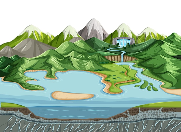 Vector gratuito paisaje de la escena de la naturaleza con capas de presa y suelo.