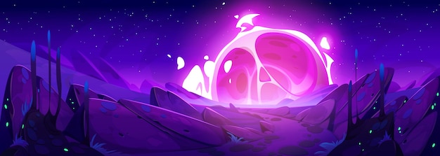 Paisaje espacial de dibujos animados de planeta alienígena con meteorito rosa Fondo de vector de tierra del desierto de roca con paisaje cósmico exterior Estrella de fantasía aterrizando en marte y explotando en el horizonte Fantástico telón de fondo nocturno