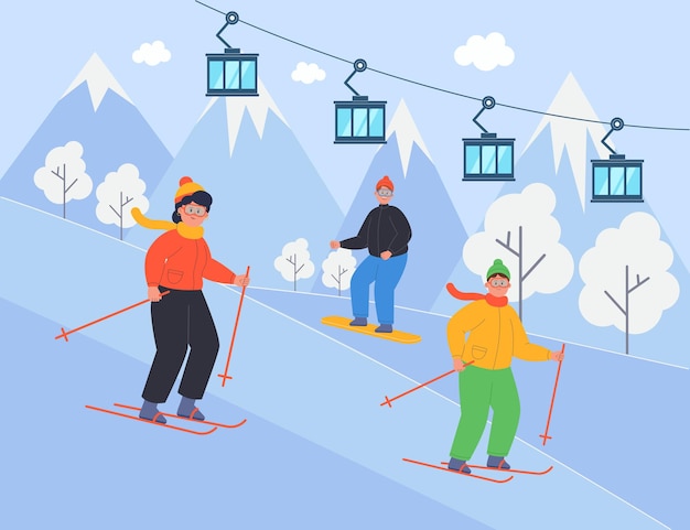 Vector gratuito paisaje de estación de esquí con familia feliz con niño. personajes de dibujos animados esquiando en montañas, remontes o ascensores ilustraciones vectoriales planas. actividades de invierno, vacaciones, concepto deportivo para banner.