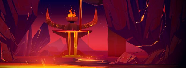 Paisaje de fantasía con antiguo altar de piedra con cuernos de diablo y magma líquido fluye en la cueva de la montaña. Ilustración de dibujos animados de vector con rocas y tótem tribal en lago de lava caliente