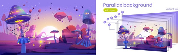 Paisaje de fantasía con setas mágicas y plantas en un planeta alienígena al atardecer. Fondo de paralaje de vector para animación 2d con ilustración de dibujos animados de naturaleza fantástica con hongos gigantes