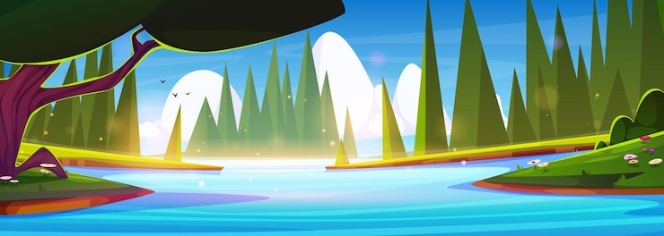 Vector gratuito paisaje fluvial y forestal de verano